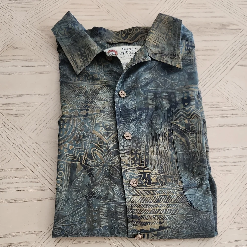 Basic Options Artistic Patterned Casual Button Down Cotton Shirt for Men Size L - Picture 1 of 5